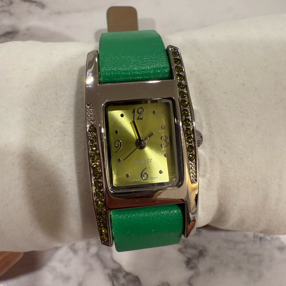 Brand new Green Faux Leather Strap Silver Watch with Green Gemstone Accent